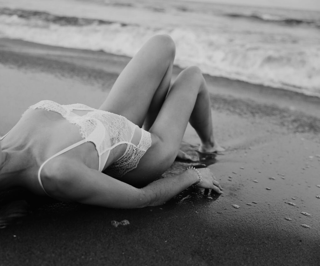 lingerie white on the beach black and white photograph