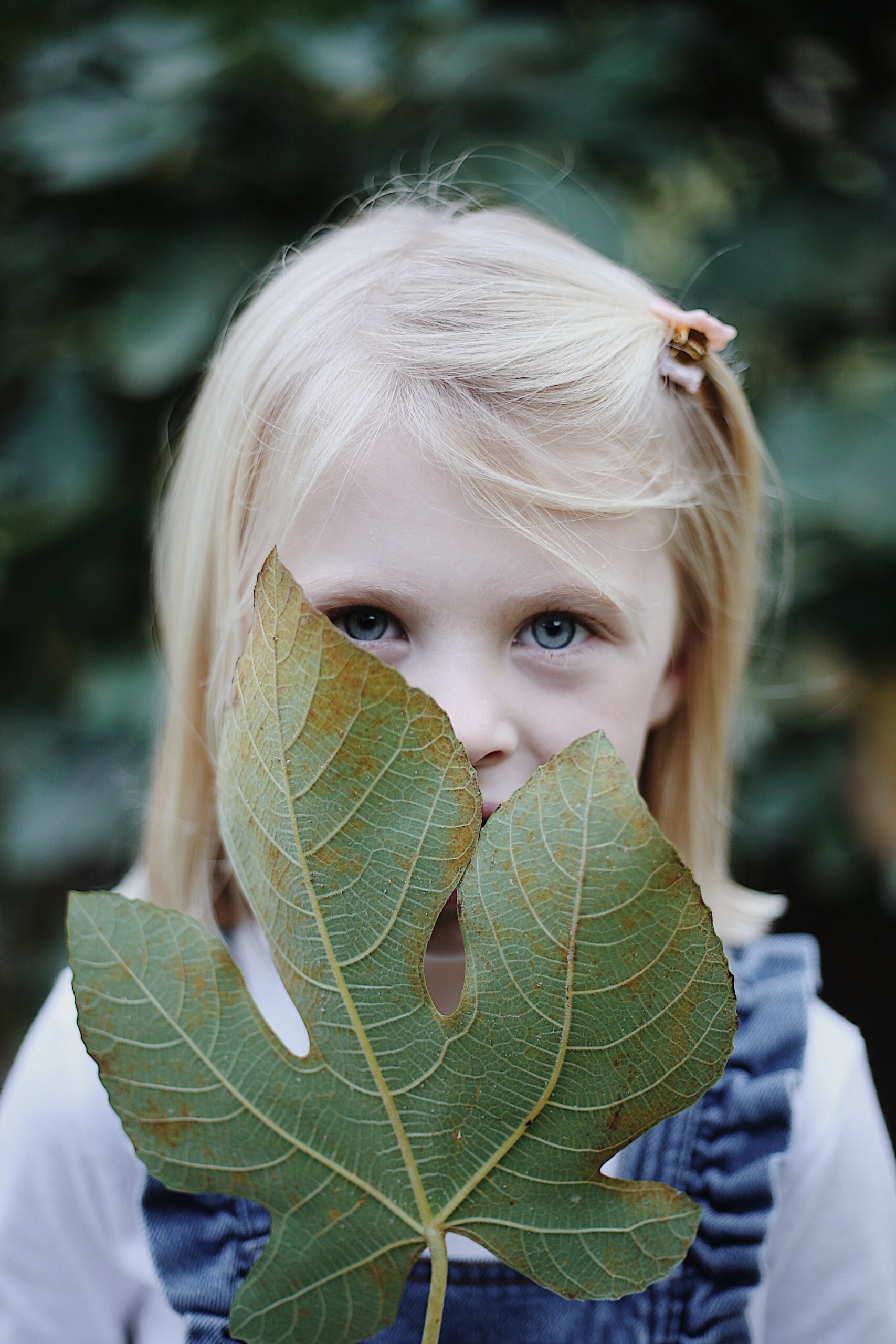 portrait of a young blonde girl with blue eyes holding a high contrast large green leaf in front of her face -bisoux de lune meagan reily